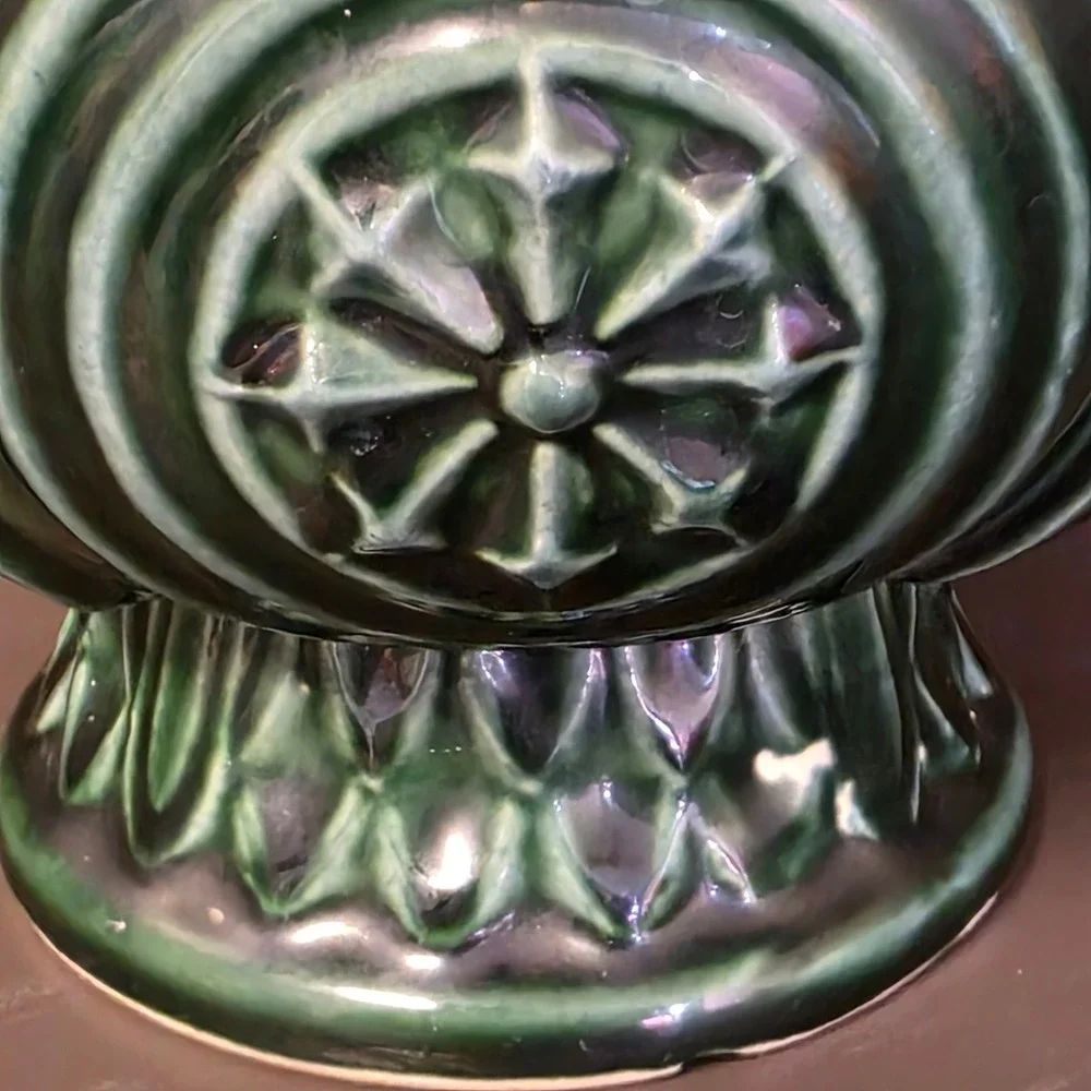 Vintage Hull USA Pottery Green Drip Glaze Embossed Medallion Footed Planter Vase